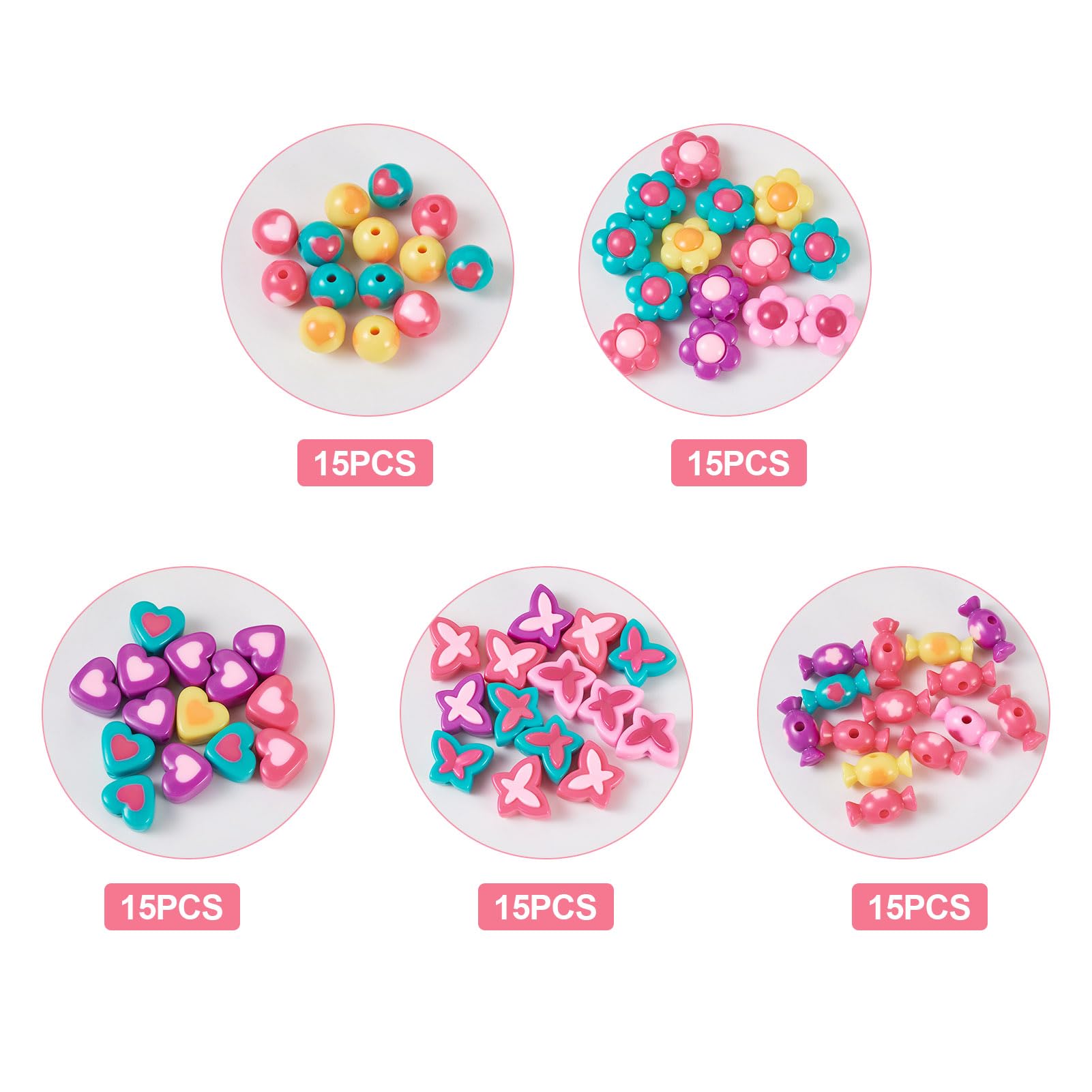Magibeads 75 PCS Opaque Acrylic Resin Beads 5 Styles Cute Round Flower Butterfly Heart Candy Loose Spacer Beads Kawaii Fun Beads for Bracelets Necklace Jewelry DIY Craft Making Supplies - Image 4