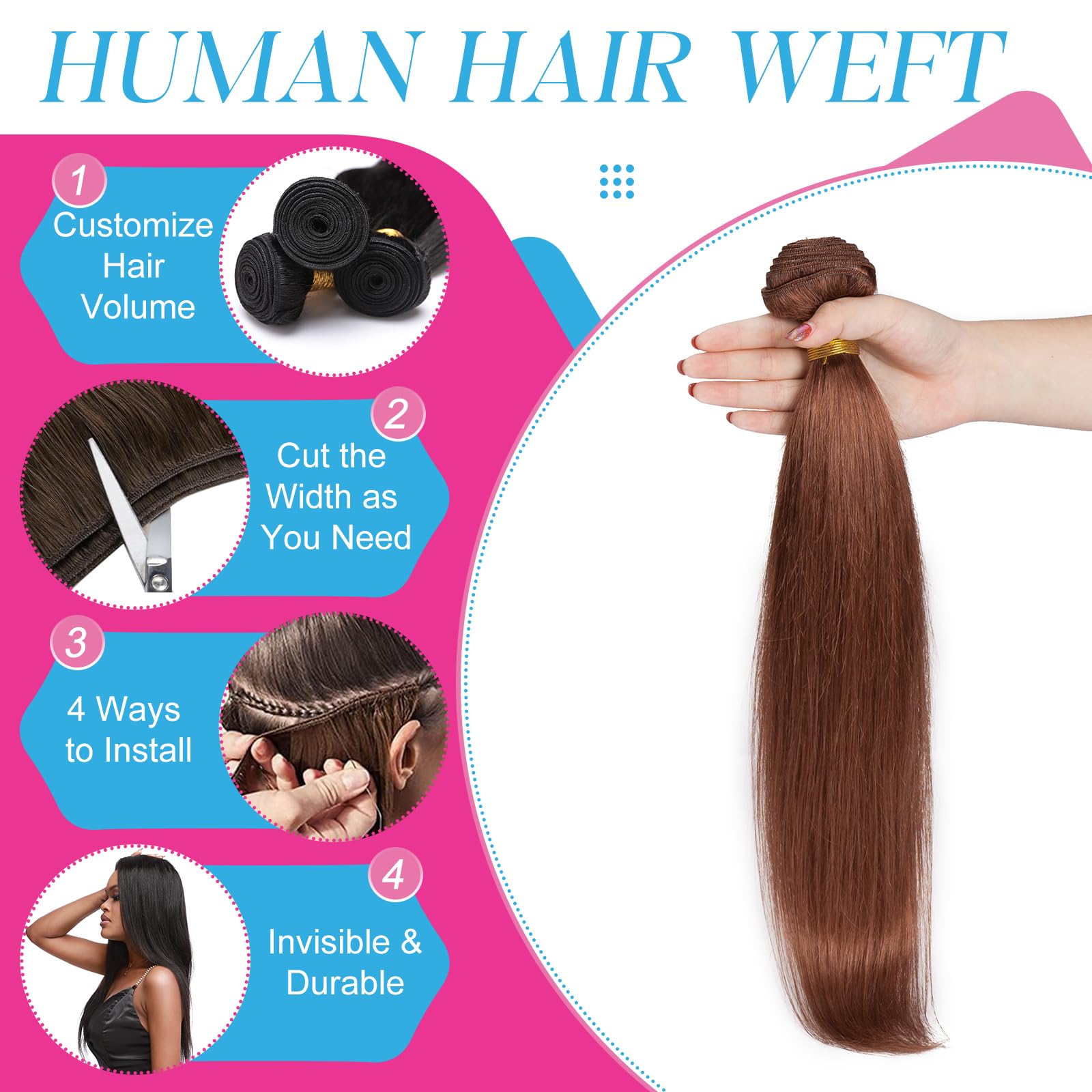 Elailite Bundles Human Hair Weave Straight - Hair Extensions Real Human Hair Weft 1 Bundle 100g - #33 Dark Auburn - 16 Inch - Image 2