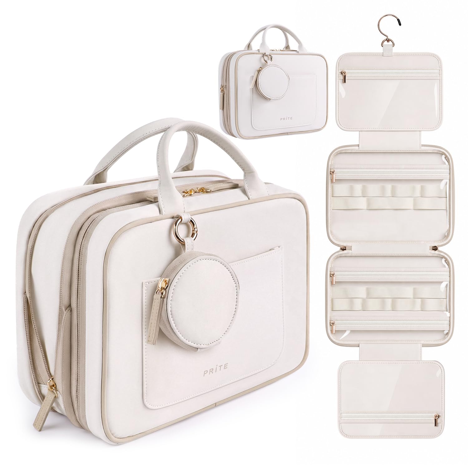 Prite Necessaire da Viaggio Sospendibile Espandibile per Donna e Uomo, L | Borsa Trucchi, Due Taglie, Pieghevole, Mini Pochette Rimovibile per Gioielli, Gancio Metallico, Resistente all’Acqua, TPU