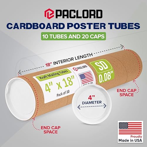 Miniatura 2 de Tubo de correo de papel kraft reforzado de 4 x 18 pulgadas, paquete de 10 tubos con 20 tapas, tubo seguro aprobado por USPS para póster - Tubo de