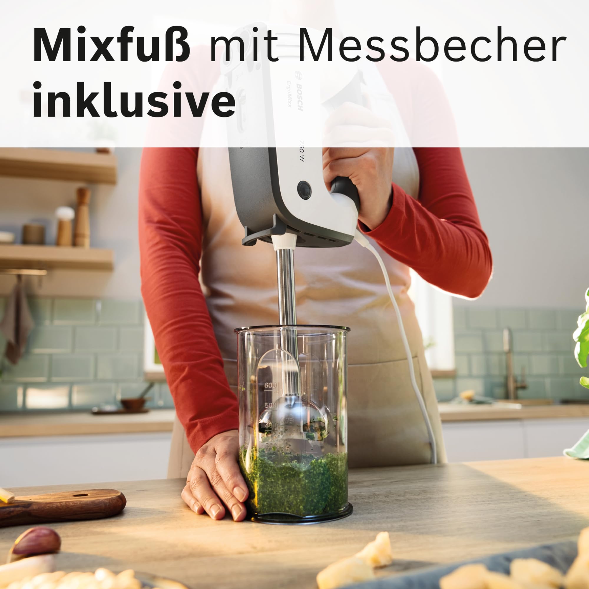 Bosch Handrührgerät, mit Pürierstab, Mixbecher, Edelstahl Rührer, Knethaken, spülmaschinenfest, 5 Stufen plus Turbotaste, weiß/grau, 750 W, ErgoMixx MFQ37470