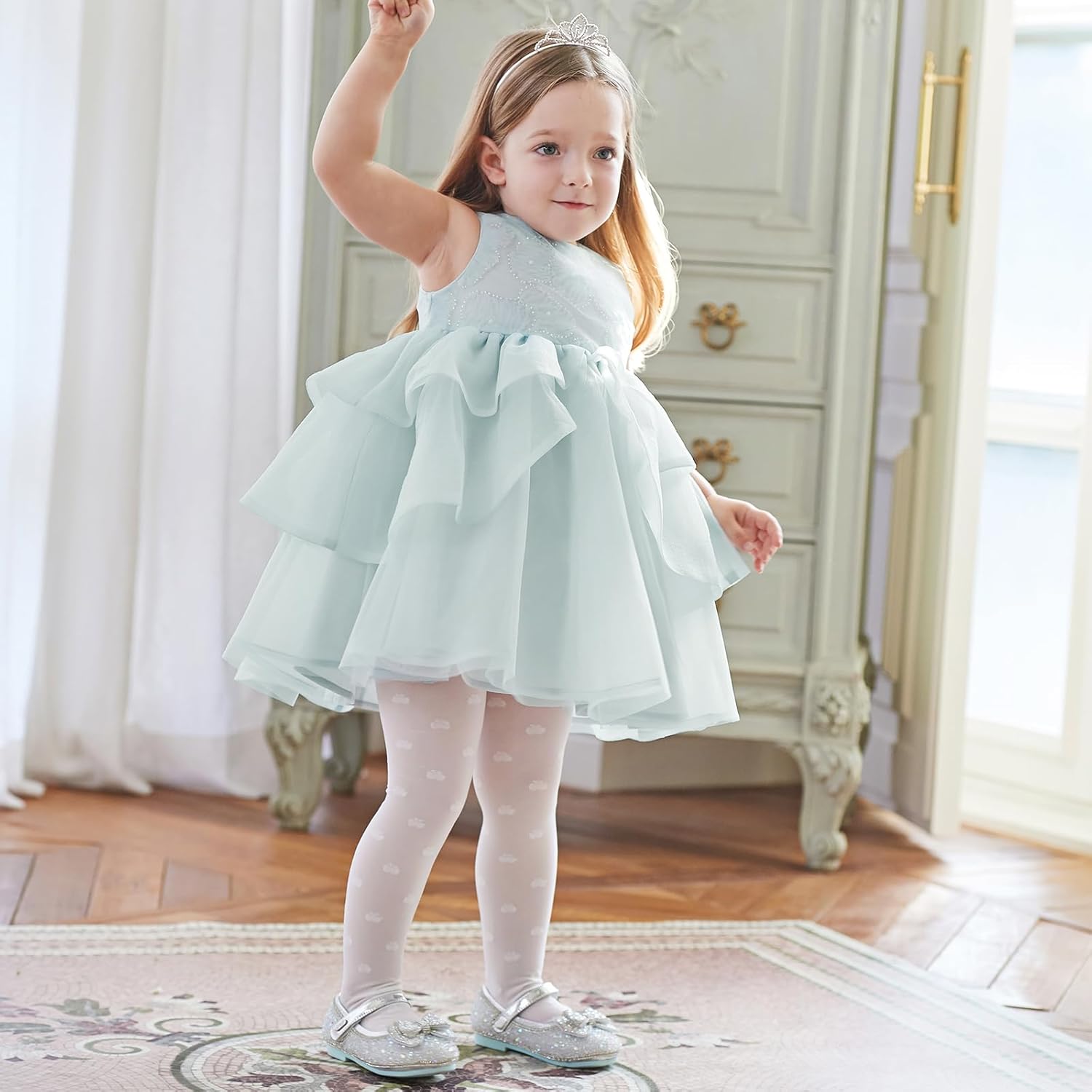 DAVE&BELLA Toddler Tutu Dress, Girls Flower Tulle Ruffle Sleeveless Tiered Swing Twirly Princess Birthday Party Sundress