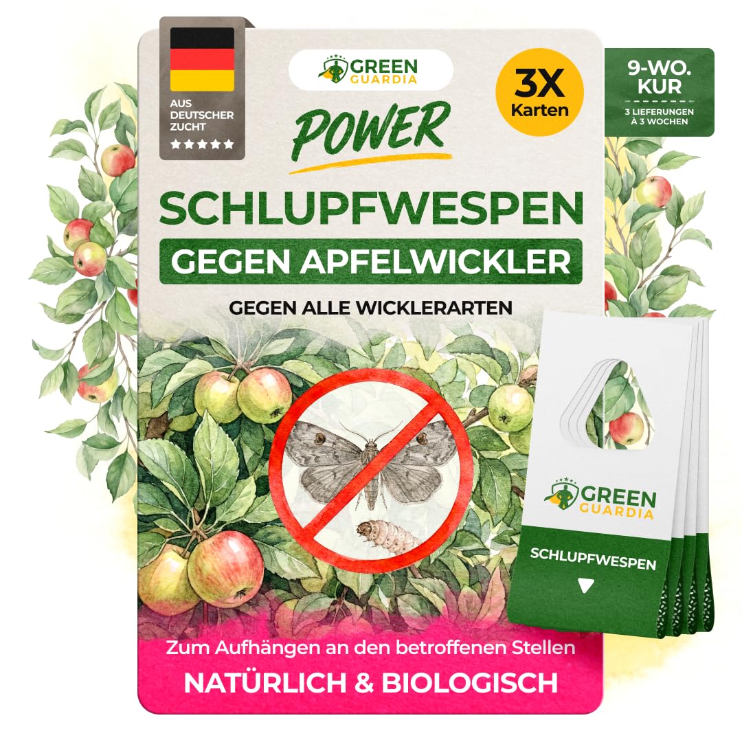 GREEN GUARDIA Schlupfwespen gegen Apfelwickler - 3 Karten à 3 Lieferungen - Effektive Bio-Bekämpfung gegen Apfelwickler, Alternative zu Apfelwicklerfalle, Spritzmitteln, Nematoden & Pheromonfallen