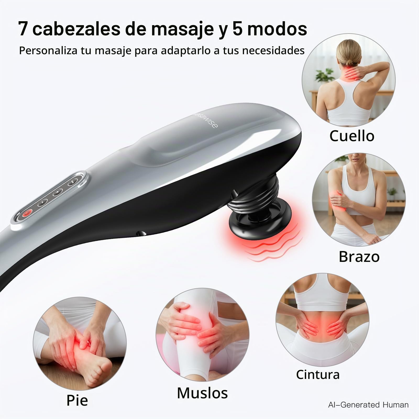 Masajeador eléctrico de cuello y espalda de tejido profundo de mano megawise, adecuado para hombros, cintura y piernas, motor potente de 7 nudos y 5 velocidades, anudado muscular, un poco pesado