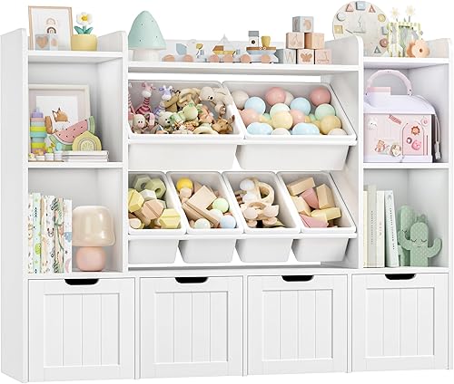Miniatura 7 de FINETONES Organizador de almacenamiento de juguetes de 55.1 pulgadas con 6 cubos de juguetes, organizador grande de juguetes, estantería para niños