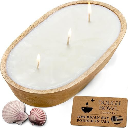 Dough Bowl Candle Co. Vela de Soja Beach Linen - 3 Mechas Decoración Rústica de Granja Eliminador de Olores en Cuencos de Madera, Vela de Cuenco de