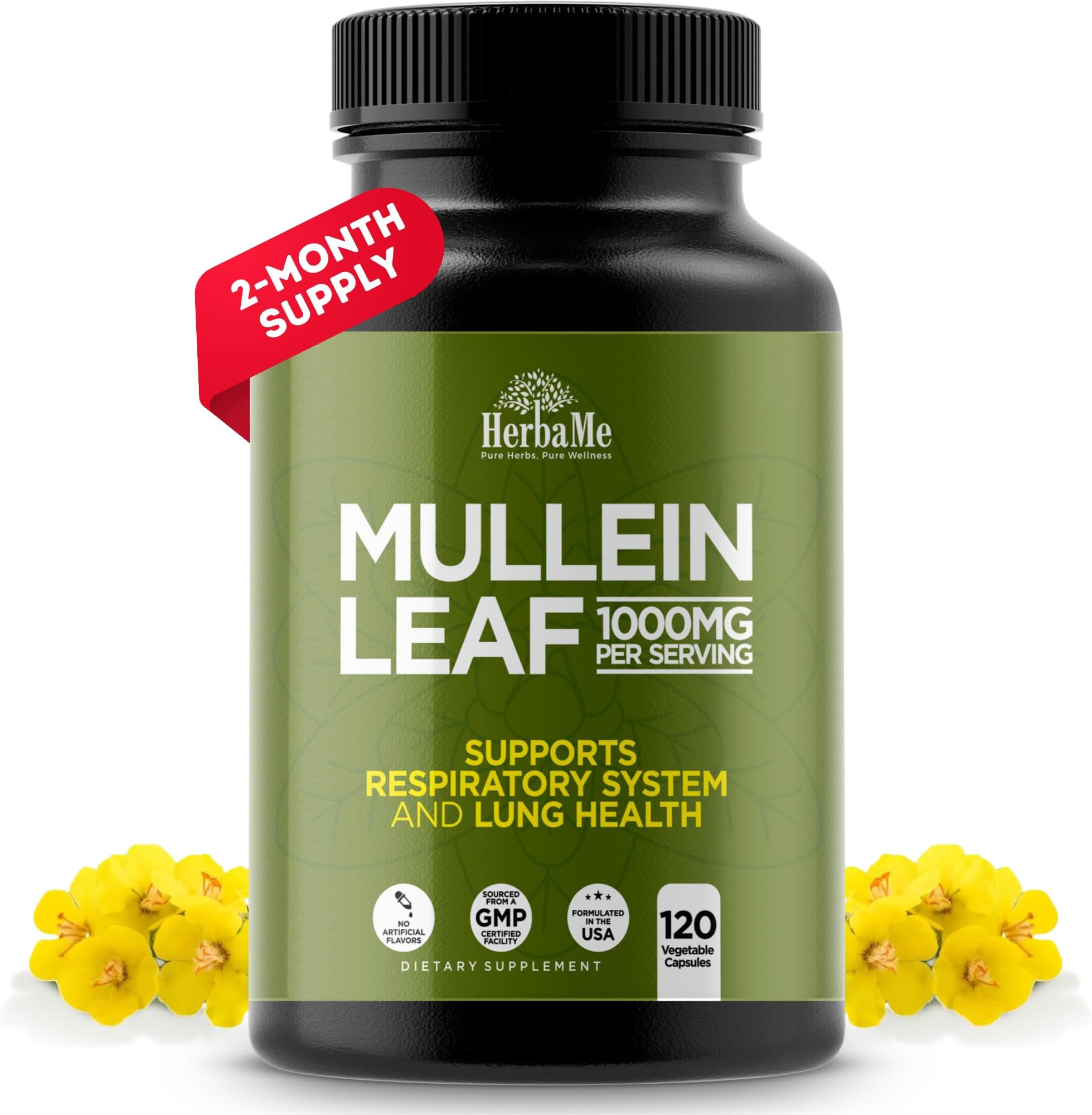 HerbaMe Mullein Leaf 1000mg, 120 Capsules, Lung Detox for Smokers, Lung Cleanse Supplement, Supports Respiratory Function Health, Promotes Mucous Membranes | Ear Health, Mucus Relief Herbal Pills