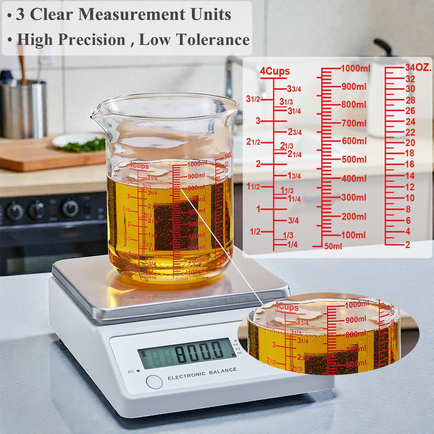 Vaso medidor de vidrio de borosilicato alto, boquilla en forma de V, vaso medidor de vidrio para cocina o restaurante, fácil de leer, 1000 ml (32 onzas, 4 tazas)