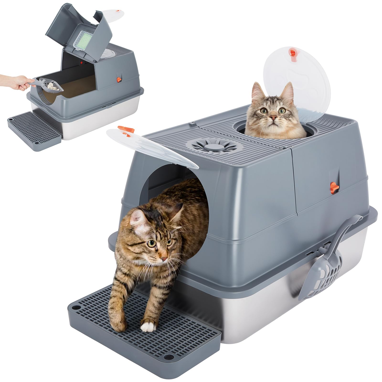 Ownpets Stainless Steel Litter Box with Lid, 180°Flip-XL Extra Large Enclosed Cat Litter Box for Easy Cleaning,Metal High Sided with Scoop & Pedal,Odor Control,Anti-Leakage, Non-Sticky