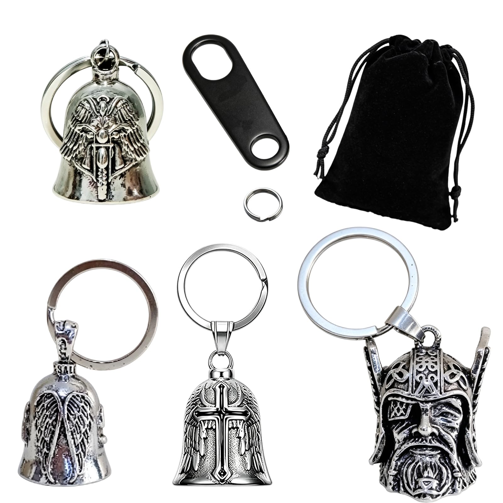 7 PCS SET Motorcycle Guardian Bell with Keychains, with Storage Bag, Ring Clip, Command Light Stand and 4 Hanging Ornaments, Metal Alloy Construction, Suitable for Motorcycles and Bicycles