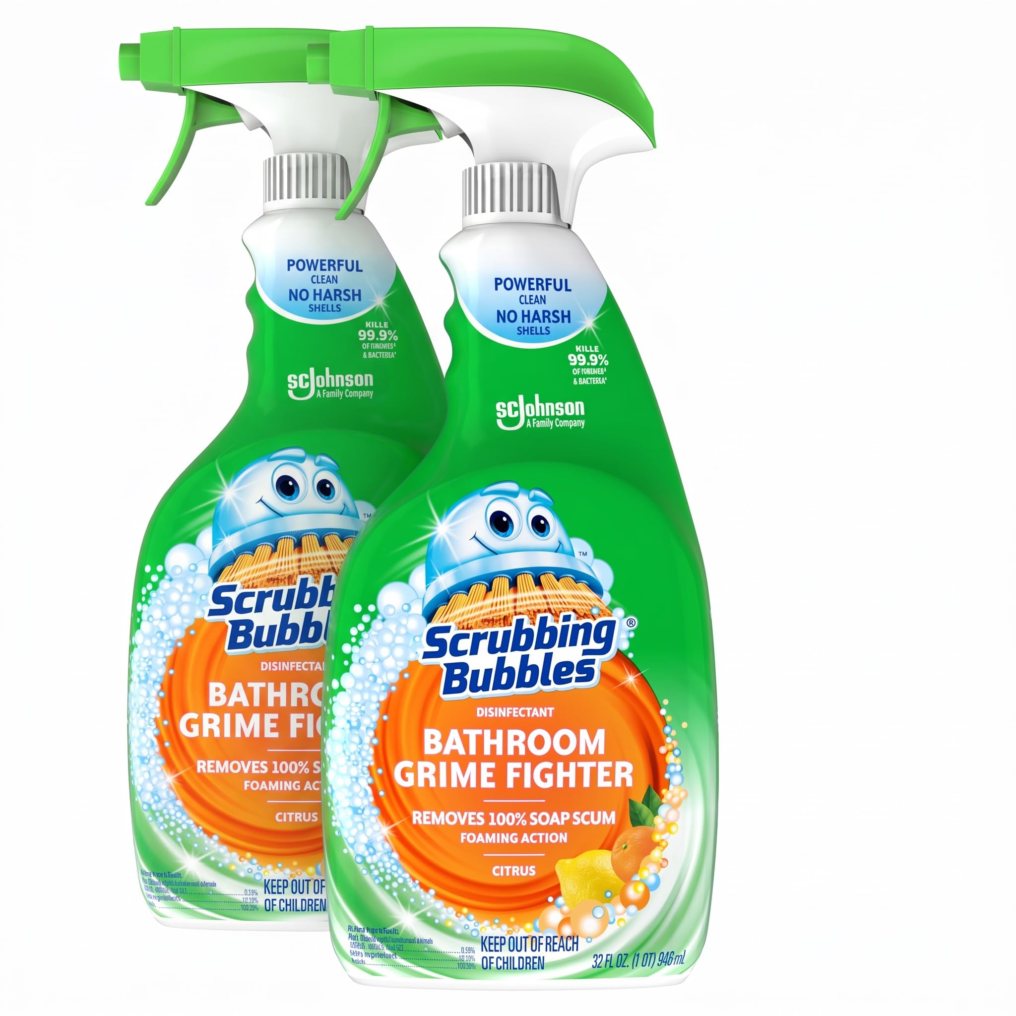 Scrubbing Bubbles Bathroom and Shower Cleaner Disinfectant Spray, Bathroom Grime Fighter, Citrus Scent, 32oz (Pack of 2)