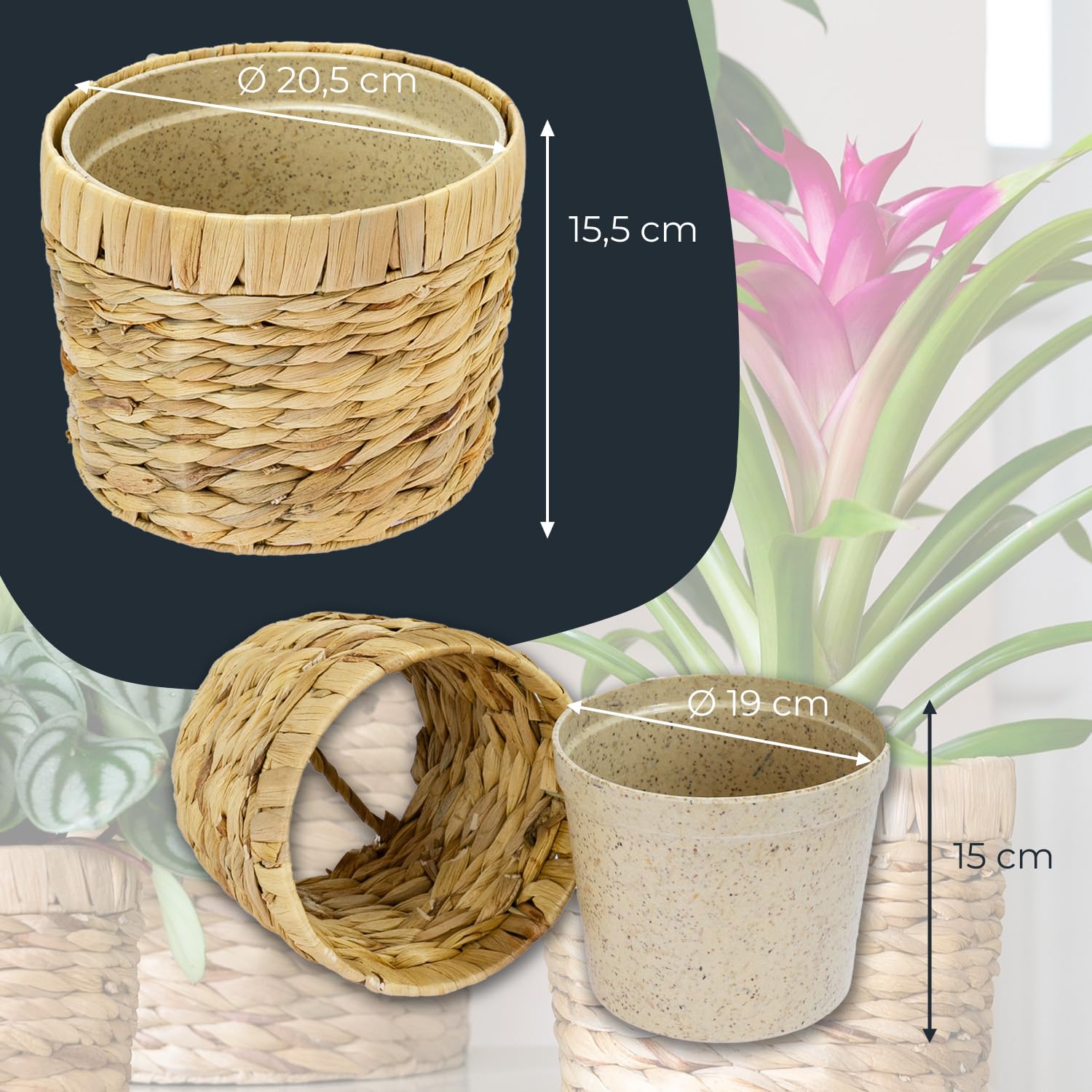 HMF Innowacyjna doniczka pleciona z hiacyntu wodnego, z wkładem z materiałów przyjaznych dla środowiska, okrągła | 19 cm średnicy