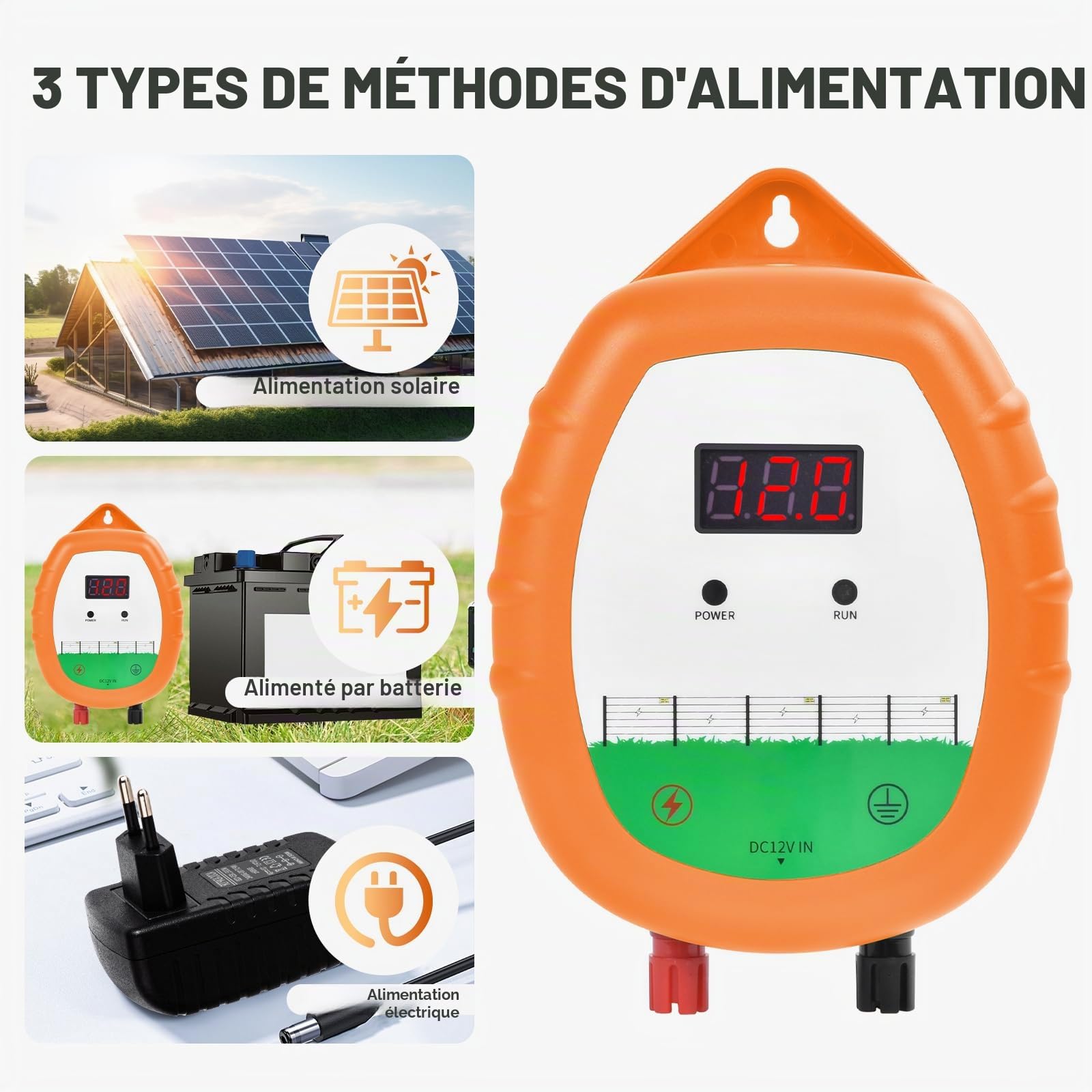 Cloture Electrique de 10 km Clôture électrique Kit : 1 électrificateurs + 1 fil canducteurs 200 m 2,2 mm² + 1 étui étanche - Clôture électrique pour bétail, chevaux, bergers (Orange)