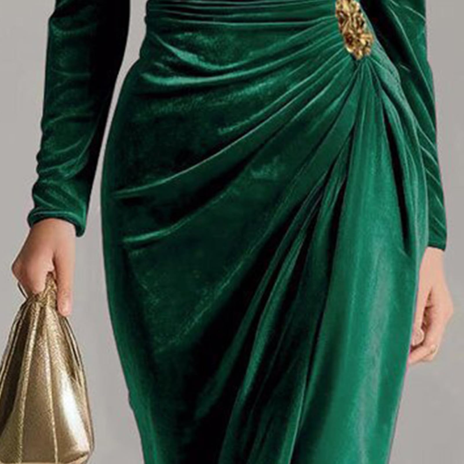 Robe midi en velours pour femme - Col bénitier - Manches longues - Froncée - Moulante - Fente fendue - Robe de soirée formelle - Robe de soirée formelle - Invité de