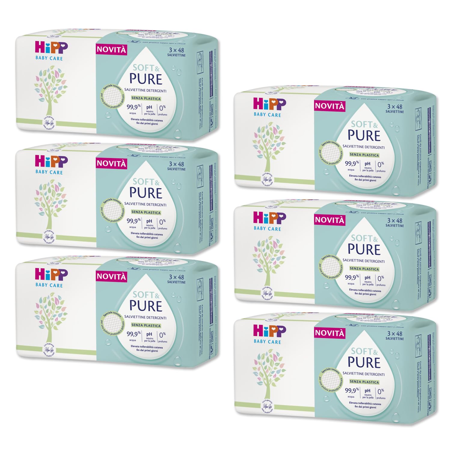 HiPP - Baby Soft & Pure Salviettine Neonato Umidificate, con Pratico Tappo Apri e Chiudi, Senza Plastica, 18 Confezioni da 48 Salviettine Ciascuna
