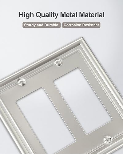 Miniatura 2 de Paquete de 2 placas de pared decorativas dobles, placa eléctrica de níquel satinado para receptáculo, interruptor de atenuación, salida GFCI, tamaño