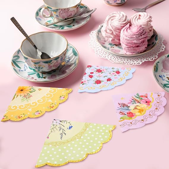 Floral Tea Party Napkins, 100 pcs Scalloped Guest Flower Paper Napkins