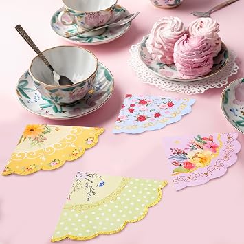 Floral Tea Party Napkins, 100 pcs Scalloped Guest Flower Paper Napkins