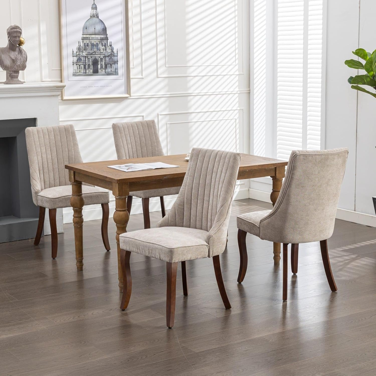 Dining Chairs Set of 4,Comfy Fabric Upholstered Accent Chairs for Kitchen Living Room,Channel Tufted Dining Room Chairs with Curved Solid Wood Legs(Beige)