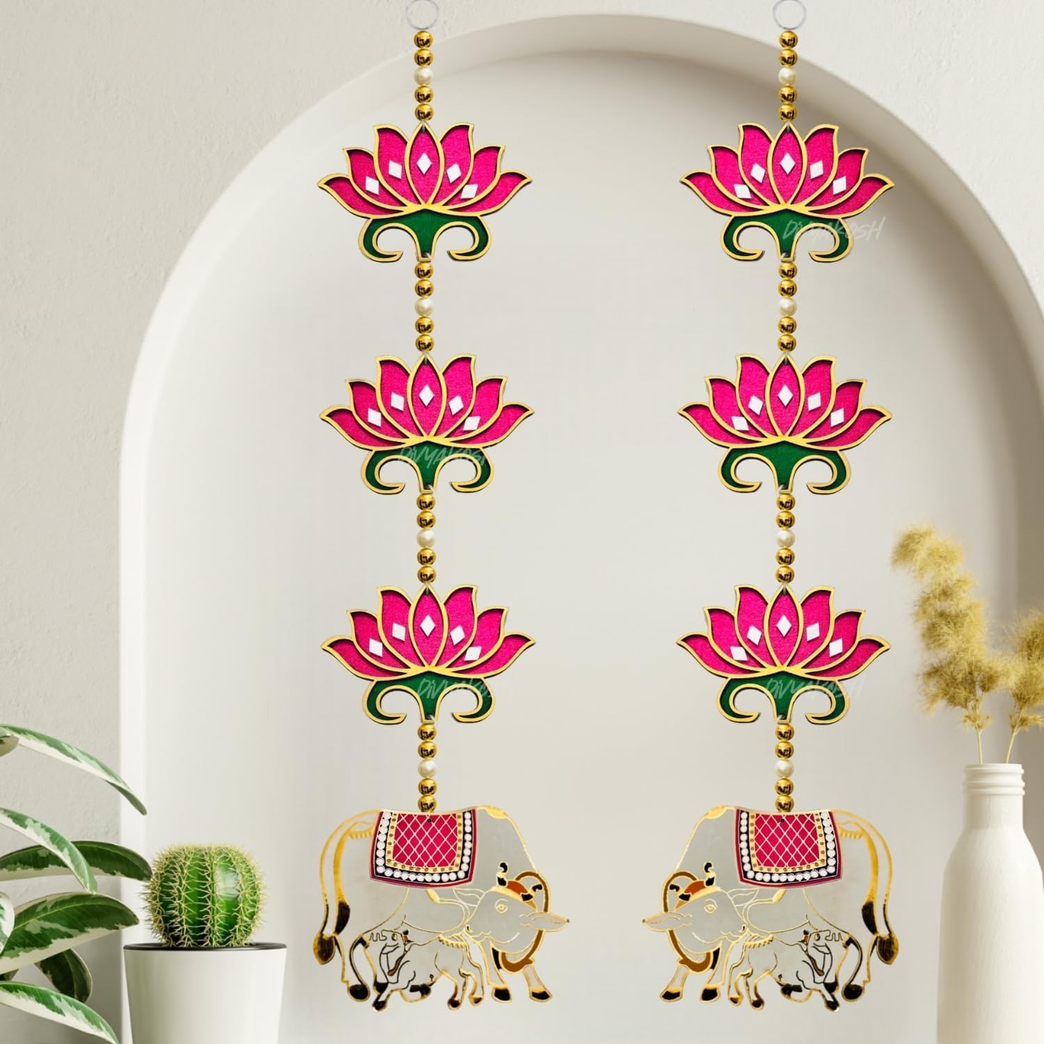 Rosewood Door Entrance Hanging, Mandir Decorations, Pink Lotus With Cowcalf Style, Ganpati Decor & Diwali Decoration | 2 Pieces | 23 Inch