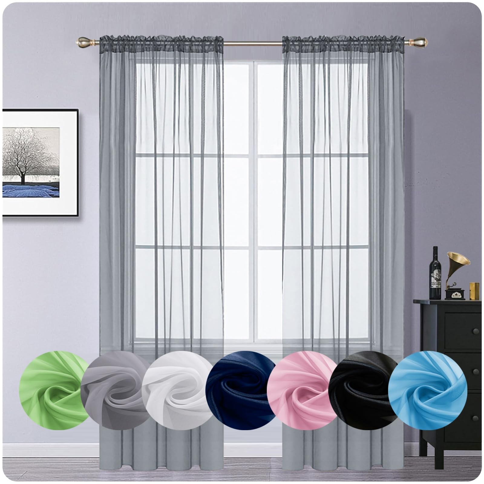 GAIFNAG Net Curtains for Window 110 x 60 cm Pencil Pleat Black Out/Light Weight Linen Look Solid Bead String Curtains Door Fly Screen Curtain for Bedroom and Living Room, Light Grey