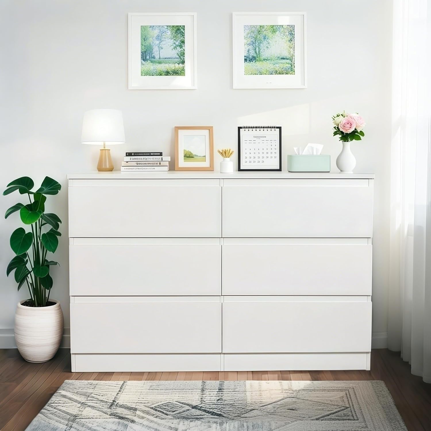 6 Drawer White Dresser, Modern Storage Cabinet with Spacious Countertop, Concealed Handles & Deep Drawers for Bedroom, Living Room, Entryway, 47.2" W x 15.7" D x 30.9" H (White)