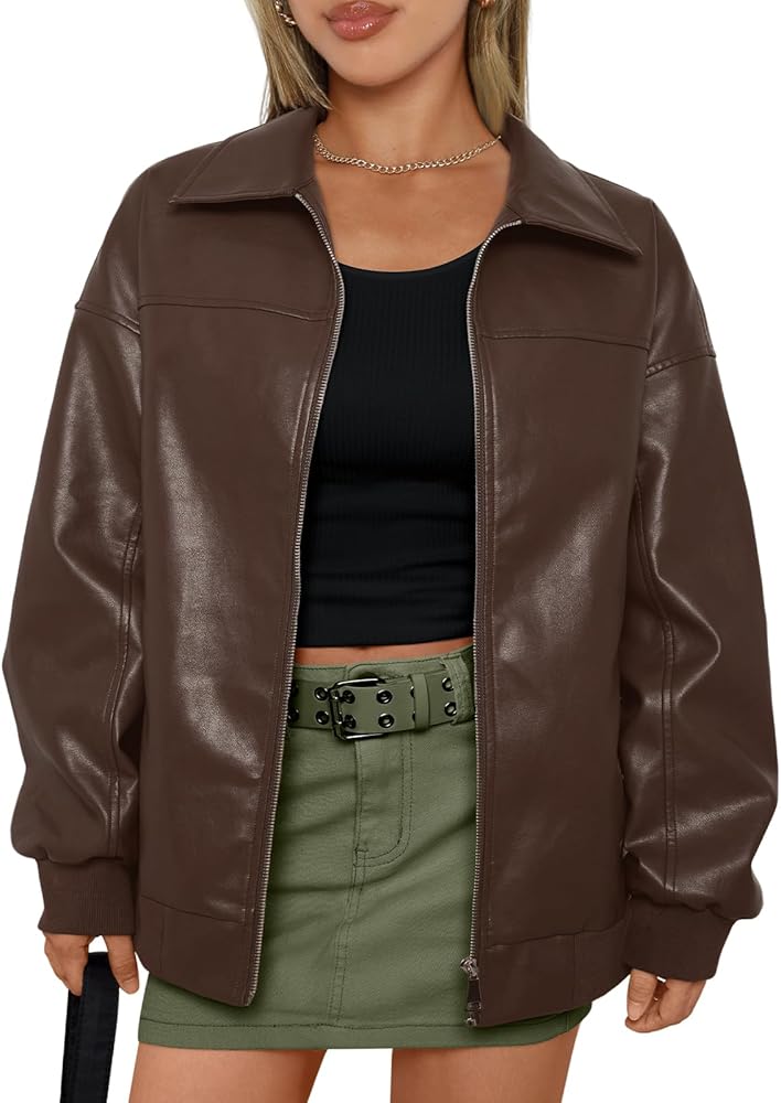 AUTOMET Womens Oversized Leather Jackets Zip Up Coats Faux