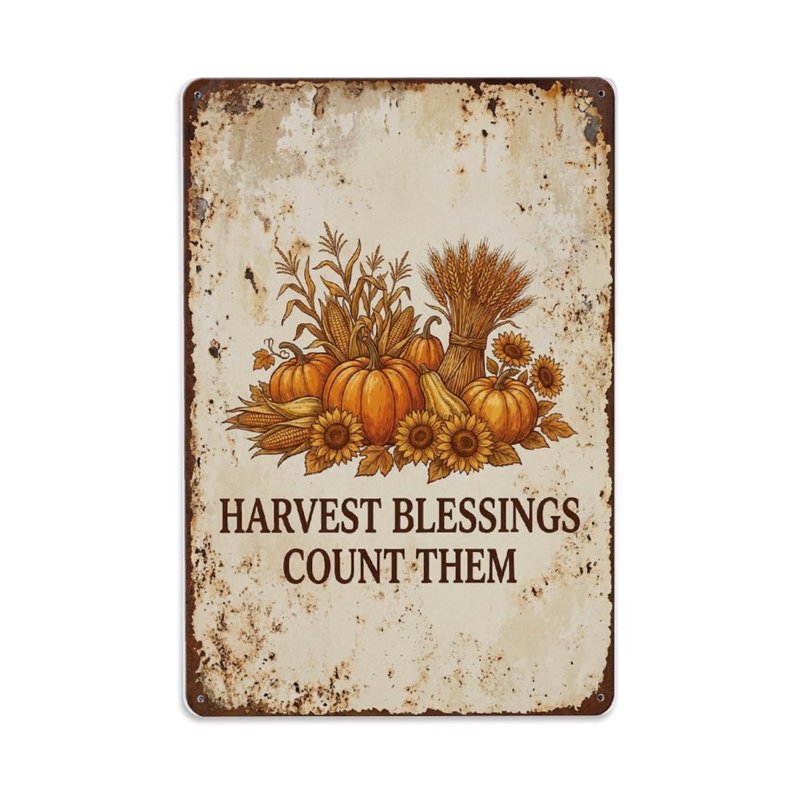 Fqnyr Style Harvest Blessings Count Grateful Pumpkin Metal Tin Sign Plaque Wall Decor For Cafe, Club Bar, Office, Home Garden Metal Poster 8X12inch