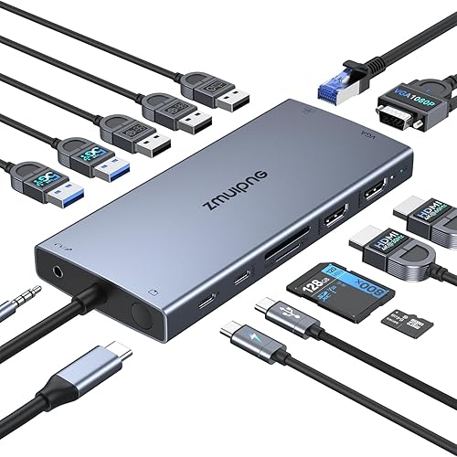 Miniatura 9 de ZMUIPNG Estación de acoplamiento USB C Monitor dual 15 en 1 Estación de acoplamiento para portátil Triple pantalla USB C Hub Adaptador múltiple