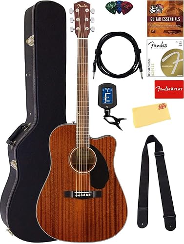 Fender CD-60SCE - Guitarra acústica-eléctrica sólida Dreadnought - Paquete de caoba con funda dura cable de instrumento afinador correa cuerdas púas