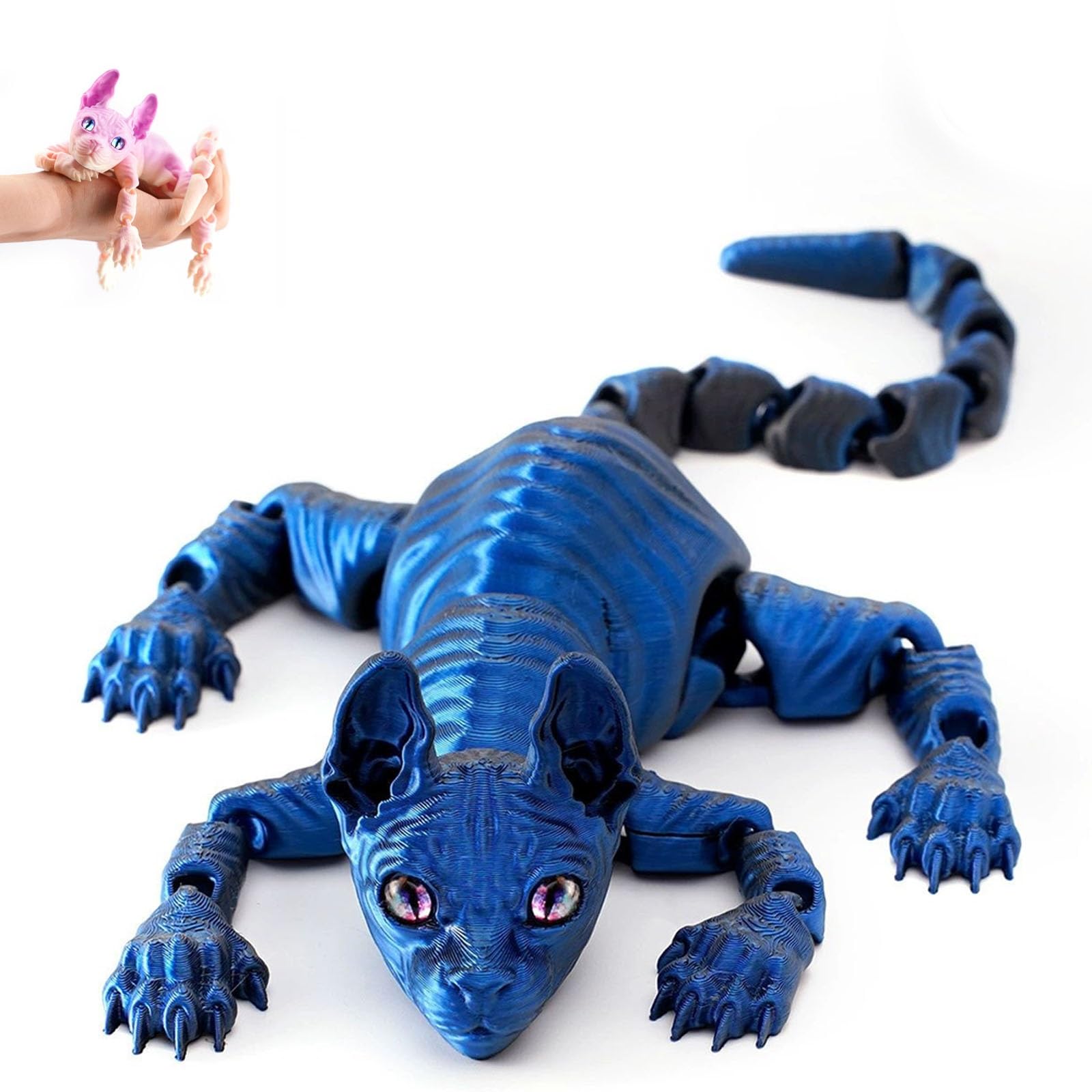 Mystic Meow – 3D Guardian Cat, 3D Printed Cute Hairless Cat, Realistic Flexible Articulated Joints Animal Figurine, Gifts for Cats Lovers, Fantasyfans and Creatives(Silk Blue Black,22cm)
