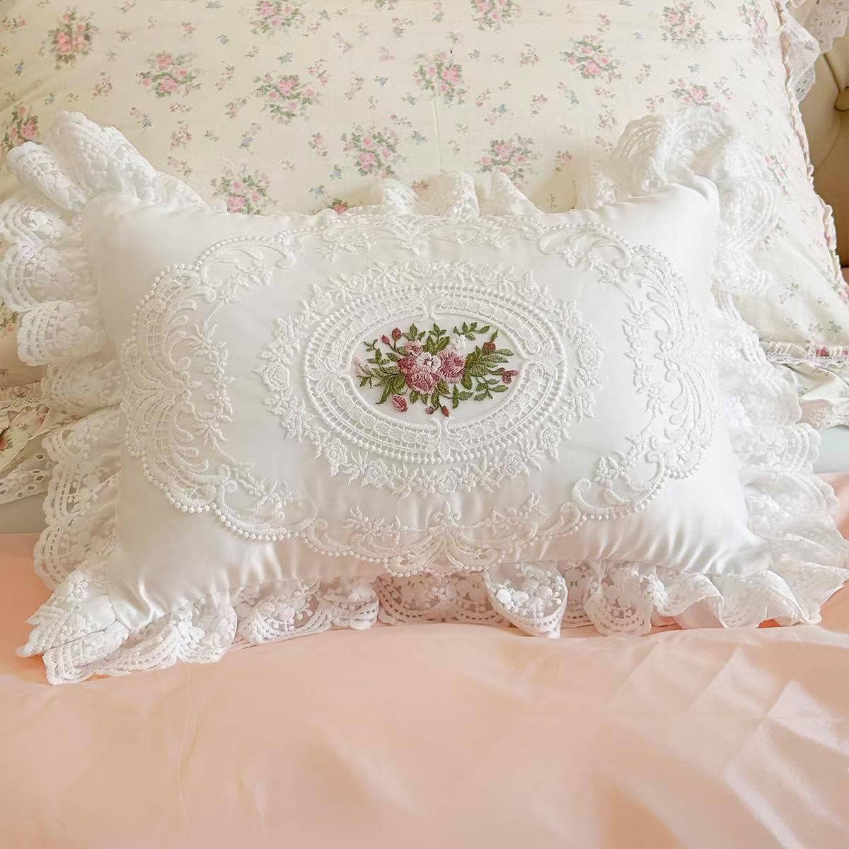 Satin Pillowcase White Silky Pillowcases,Embroidery Lace Ruffle Pillow Cover,Lace Pillow Cases Ruffle Throw Pillow,Couch Cushion Case for Wedding Chair Sofa Living Room12 x20