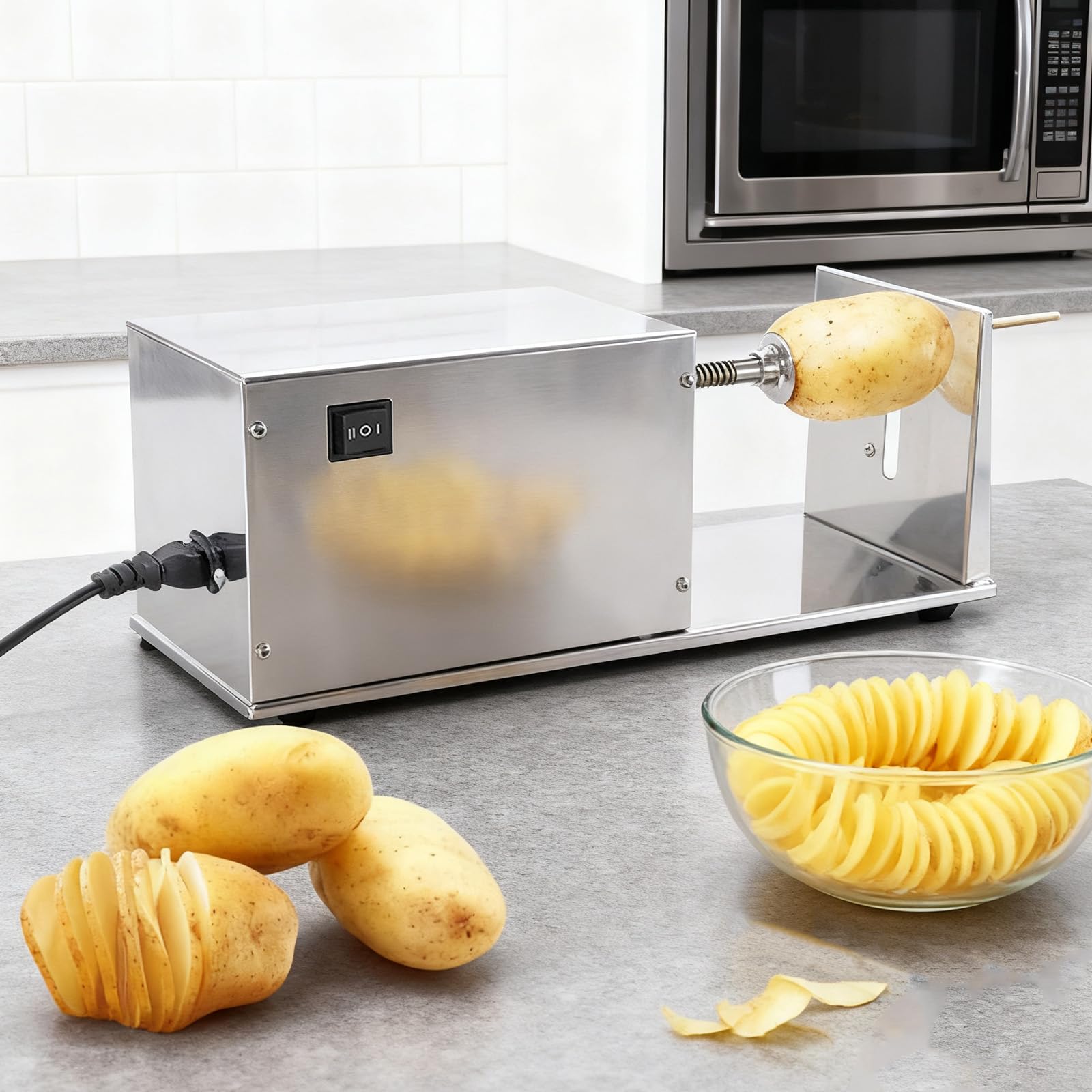 Elektrischer Spiralschneider, Edelstahl Spiralschneider Elektrischer Tornado Kartoffelschneider Kartoffelspiralenschneider Automatischer für Obst Kartoffeln Gurken Karotten 50W 220V