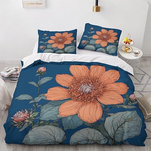 OmErsa Juego de funda de edredón de flores tamaño matrimonial, juego de ropa de cama de 3 piezas, funda de edredón con estampado de microfibra suave