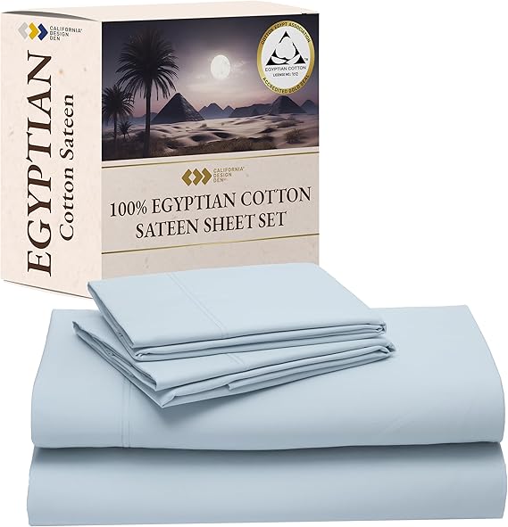 California Design Den Certified 100% Egyptian Cotton Bedsheets Queen Size Bed Set - Queen Sheet Set Egyptian Cotton Sateen, Deep Pockets with Anti-Skid Elastic, Durable Luxury Bedding - Light Blue