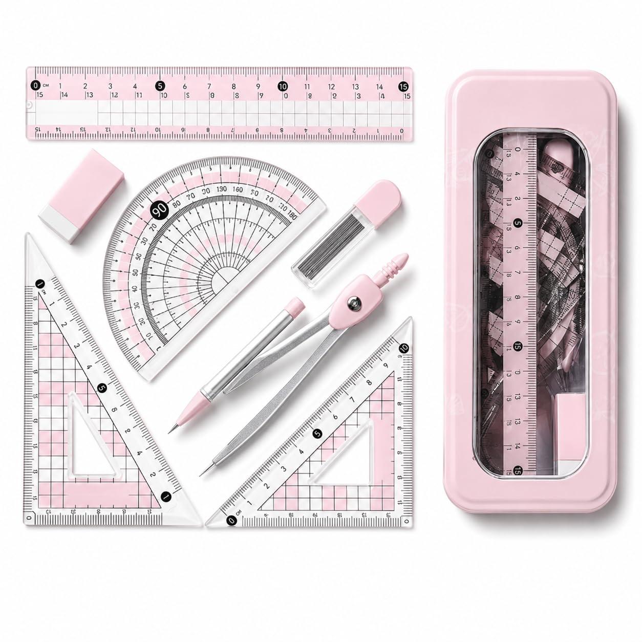 Pink 7 Piece Geometry Tool Collection,Maths Set, Protractor and Compass Set