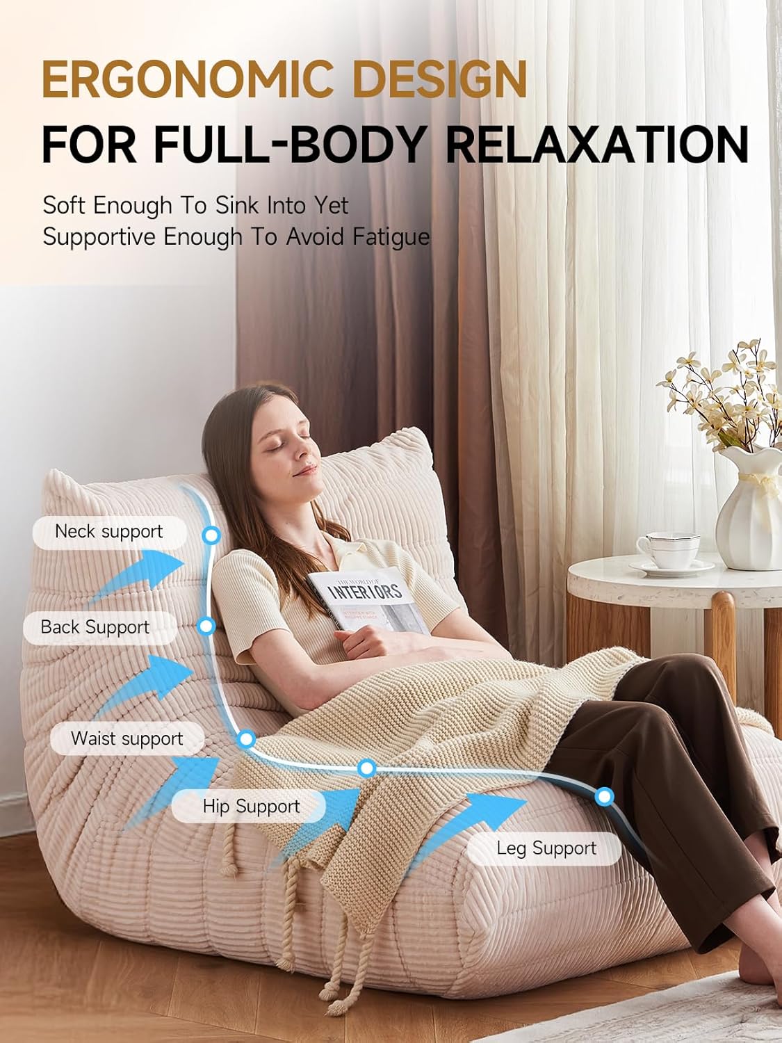 ZCUBED Large Bean Bag Chairs for Adults, Memory Foam Lounge Chair, Soft Corduroy Big Bean Bag Chair Lazy Sofa, Comfy Floor Beanbag Chair Single Sofa for Bedroom Living Room Fireside Book Nook, Beige - Image 3