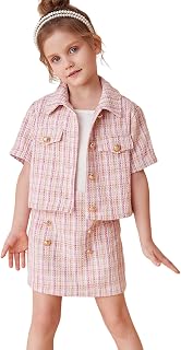 Girl's 2 Piece Outfits Plaid Button Up Short Sleeve Tweed Jacket and Skirt Set