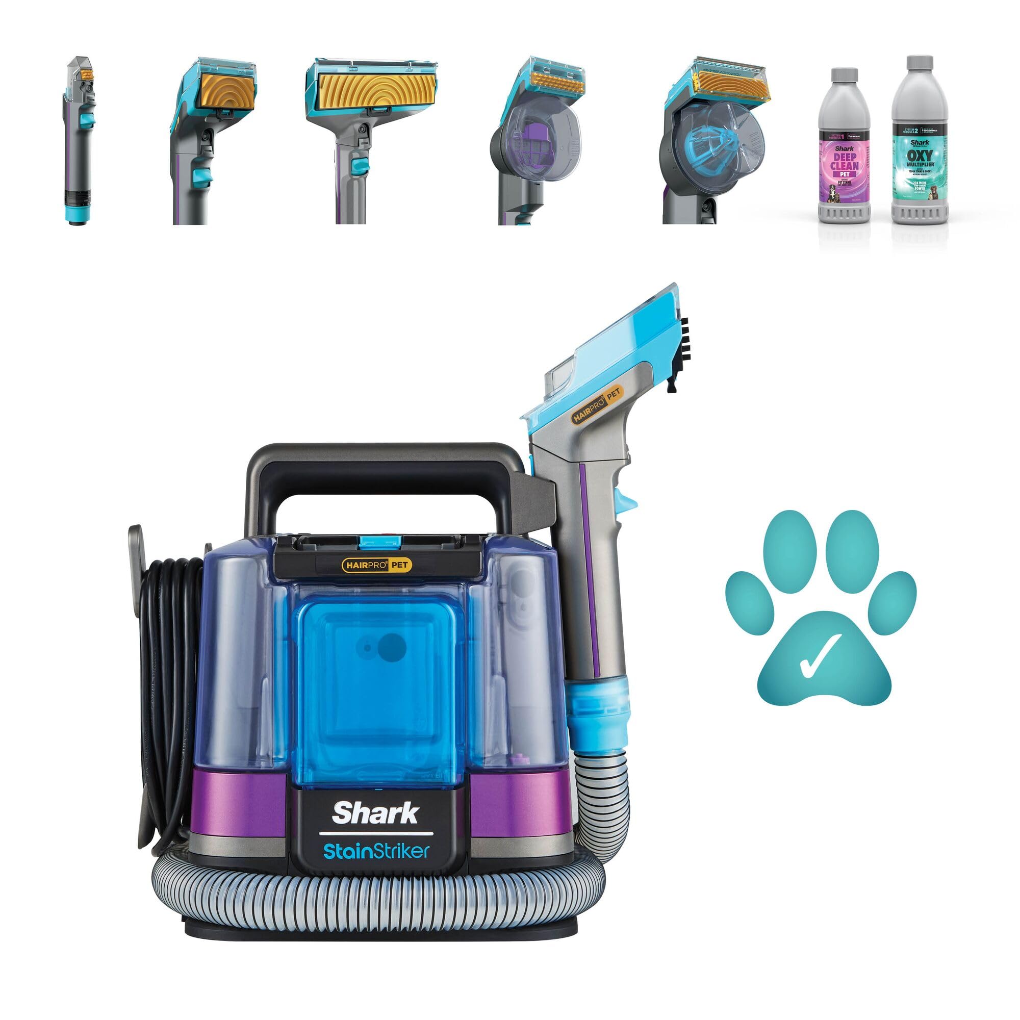 Shark StainStriker HairPro spécial animaux, Aspiration 450 W, Extracteur de poils, Élimine taches et odeurs, Léger et portable, Inclus : 4 accessoires et 2 formules de nettoyage PX250EUT