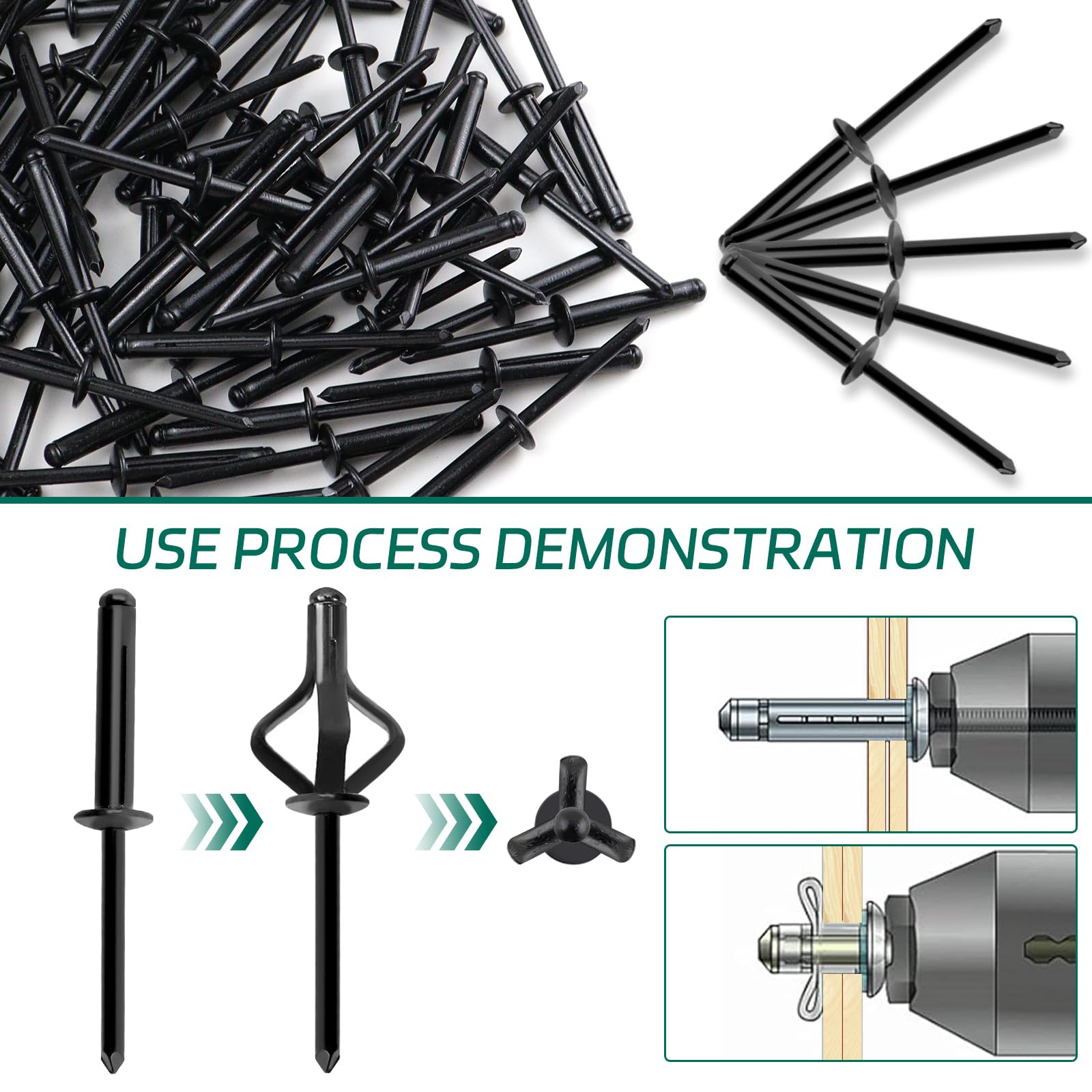 60 pezzi rivetti ciechi, set di rivetti ciechi in alluminio, rivetti neri, rivetti pop Tri Fold Exploding, set di rivetti per industria, costruzione, mobili, automobile