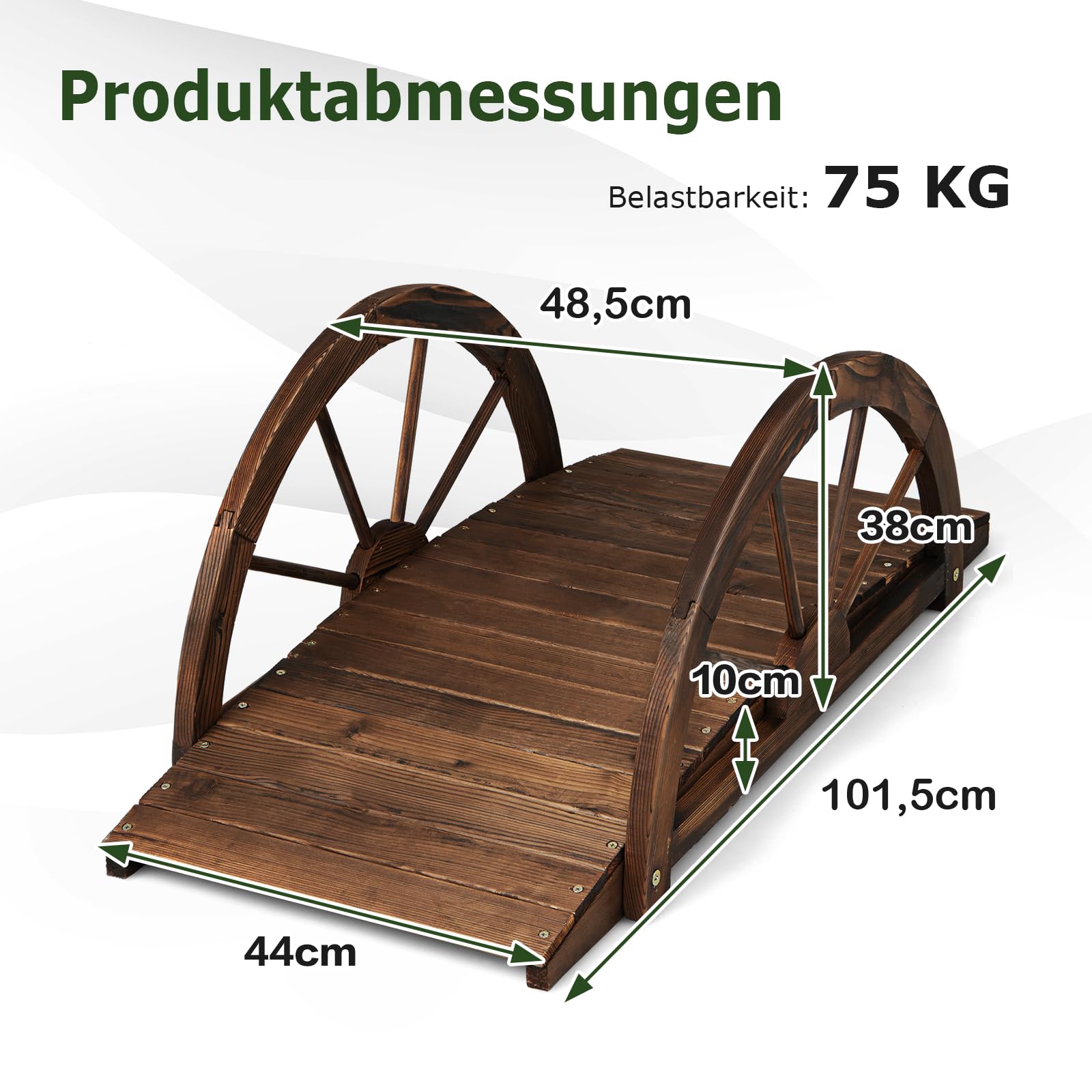 RELAX4LIFE Holzbrücke mit Halbradgeländer, Gartenbrücke Tannenholz, Teichbrücke bis 75 kg belastbar, Dekobrücke für Garten Teich Terrasse Hof, 101 x 48,5 x 38 cm, Dunkelbraun