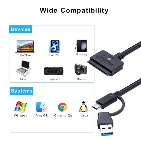 FANBLACK 2-in-1 SATA to USB Cable Adapter, Black, Data Transfer Adapter for 2.5'' Inch SATA Hard Drive Connection