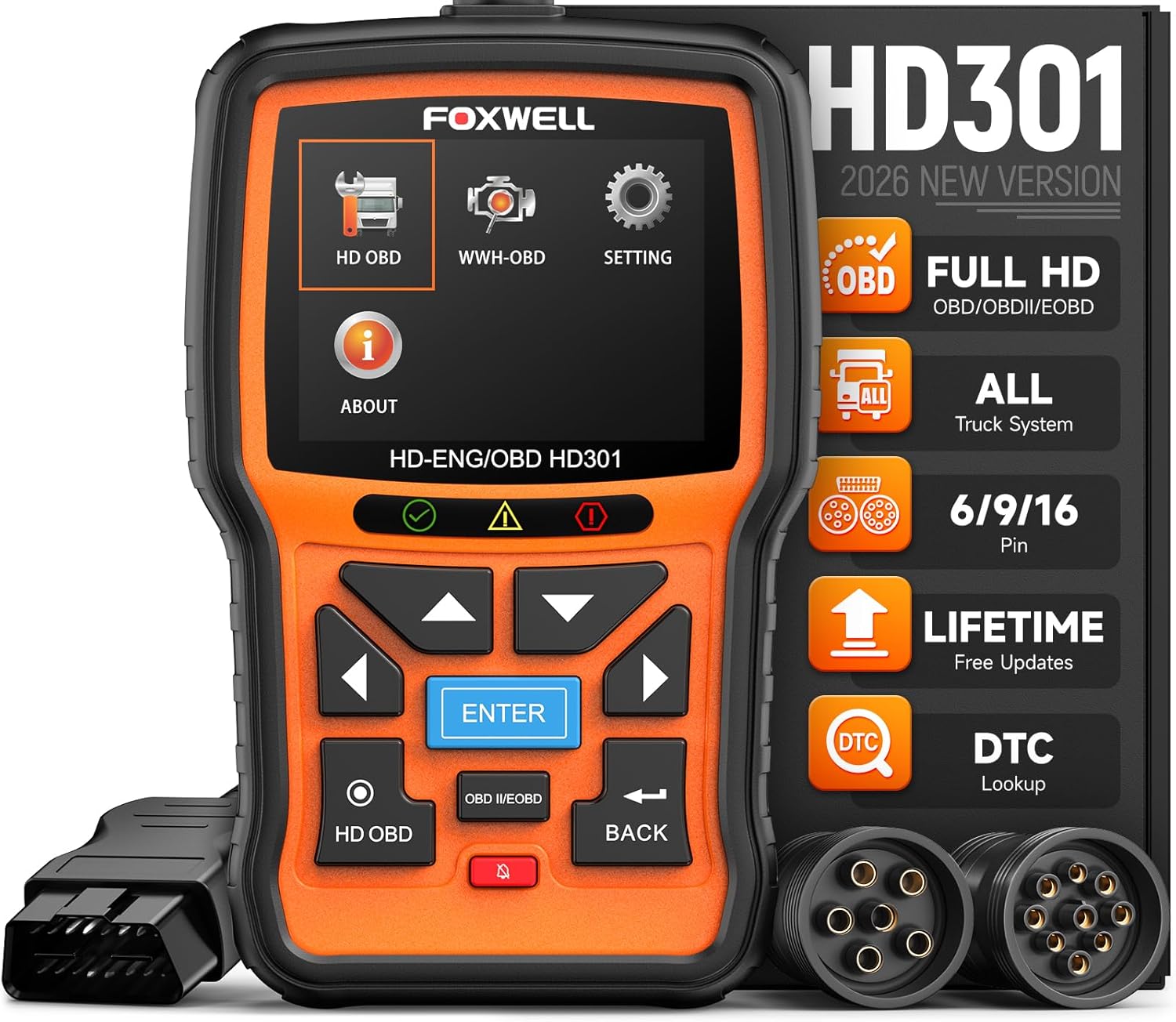 FOXWELL HD301 Heavy Duty Truck Scanner, Full System Diesel Scan Tool with 6/9/16 Pin, 2 in 1 Code Reader for Trucks & Car Engine, Diesel Diagnostic Tool for Cummins, Paccar, Caterpillar