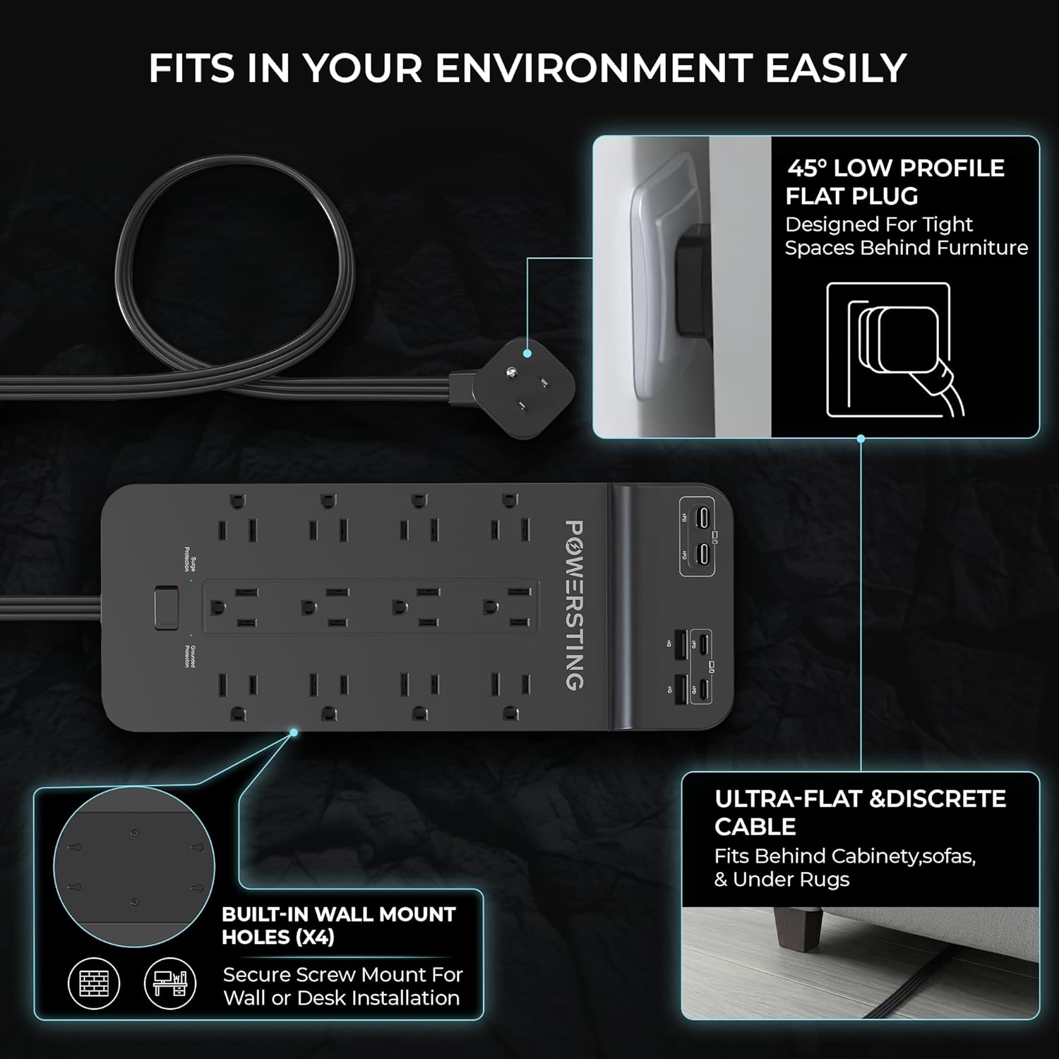 Power Strip with USB Ports | 18-in-1 2100J Surge Protector | 70W Gan Retractable USB C Cables,12 AC Outlets,2 USB C & 2 USB A Ports | 5ft Extension Cord, Flat Plug & Wall Mount |Dorm Room Essentials