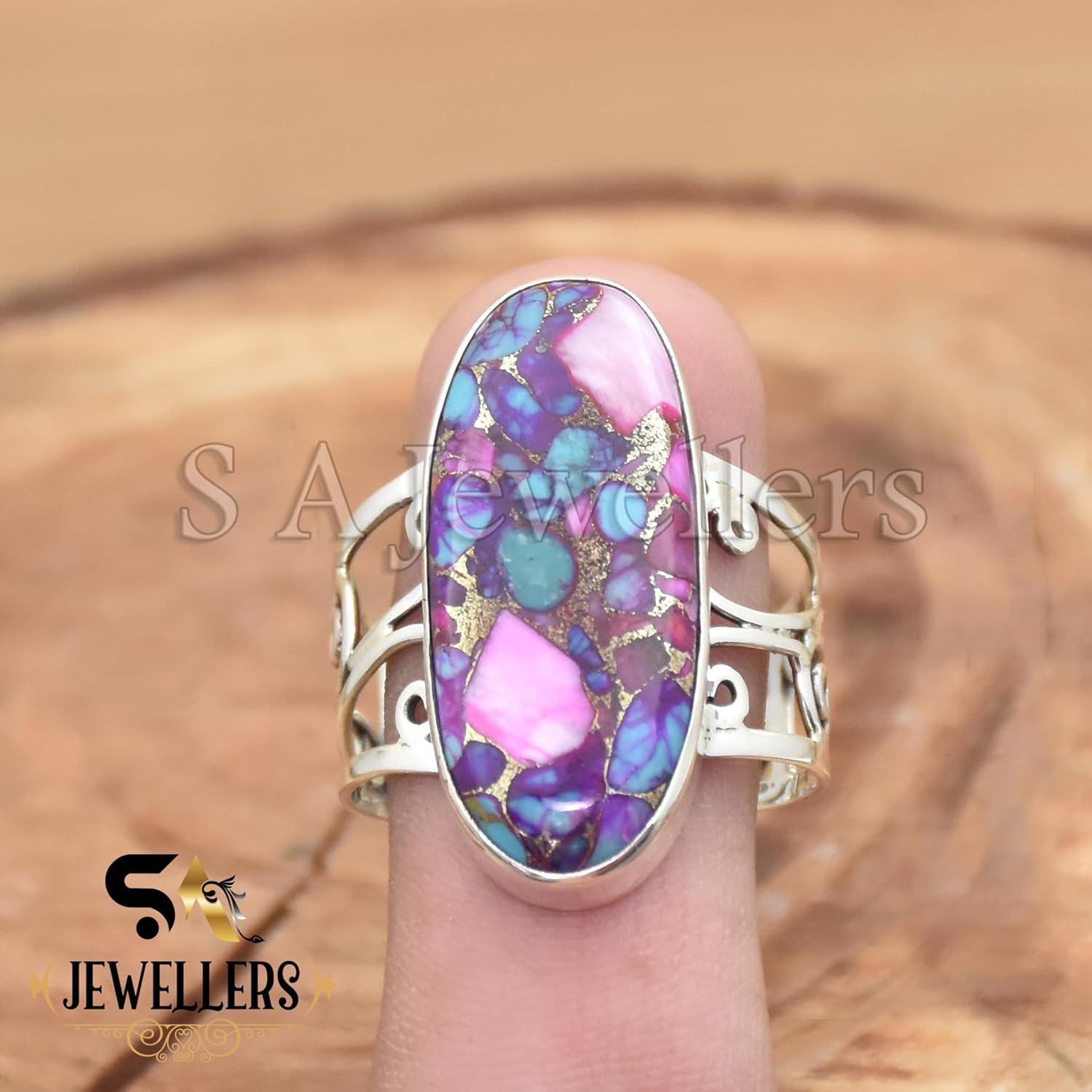 SA Jewellers Sterling Silver Oval Ring with Purple and Blue Turquoise, Handmade Filigree Band, Kingman Pink Dahlia Stone