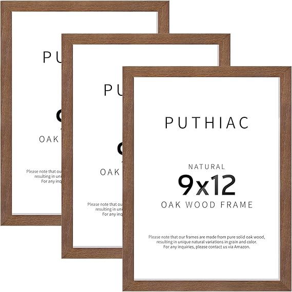 puthiac 9x12 Oak Wood Picture Frams - Minimalist 9x12 Oak Wood Frames, 9"x12" Picture Frame Wood, Natural Solid Wooden Picture Frames for Wall Art Photo and Prints(3 Pack, Walnut)