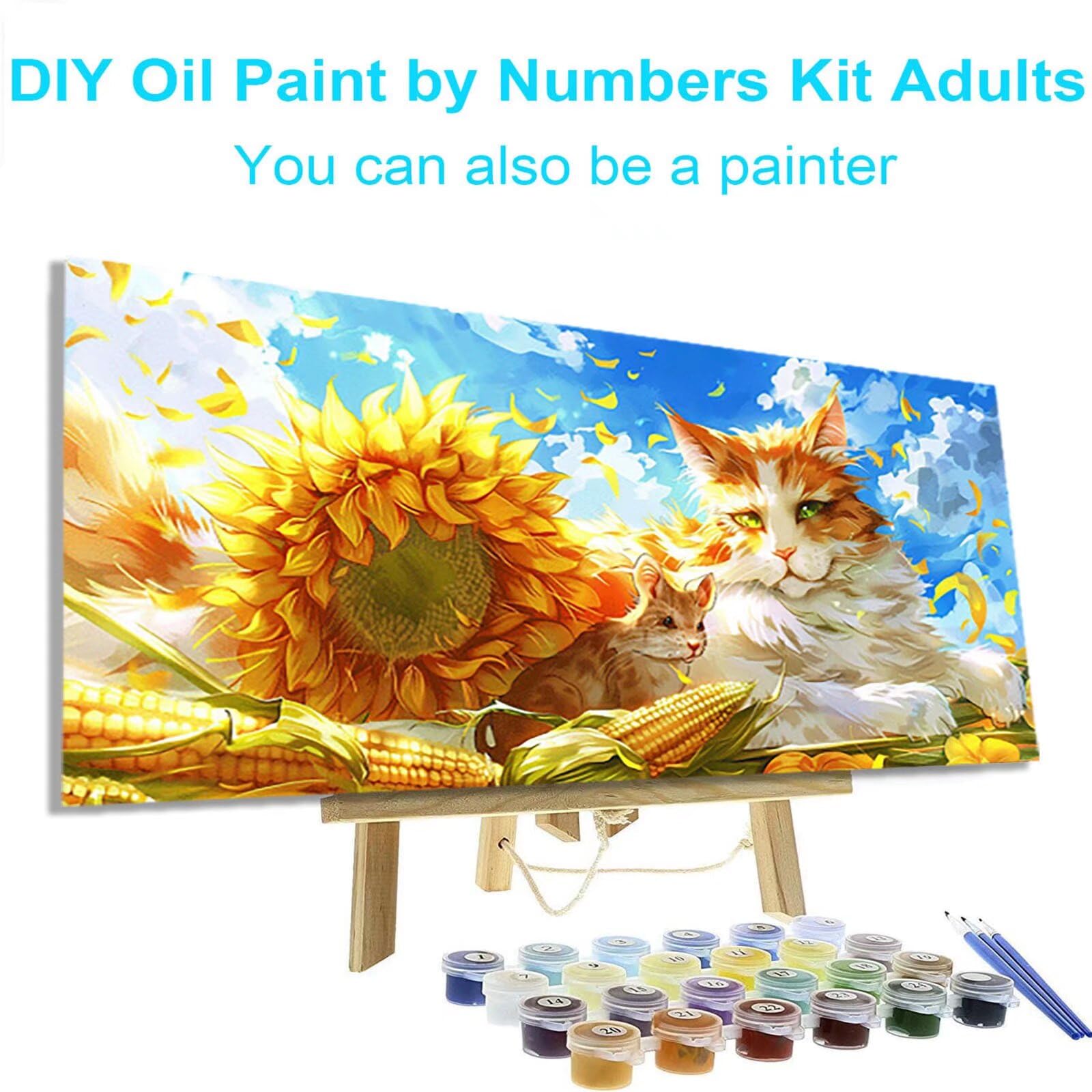 Pintar por Numeros Adultos, DIY Pintar por Numeros Girasoles Manualidades Adultos con Pinceles, Pigmento Acrílico, Pintar por Numeros Niños Gato para Decoración el Hogar Regalo, con Marco 40x80cm T-Z
