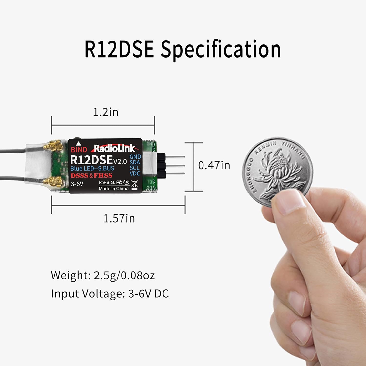 Radiolink R12DSE Receiver Specifications and Size Comparison