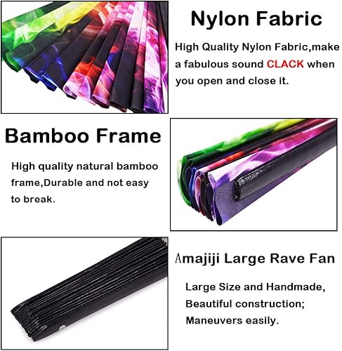 Miniatura 4 de Amajiji Ventilador plegable grande para mujereshombres, ventilador plegable de mano de bambú chino y tela de nailon, ventilador plegable de mano,
