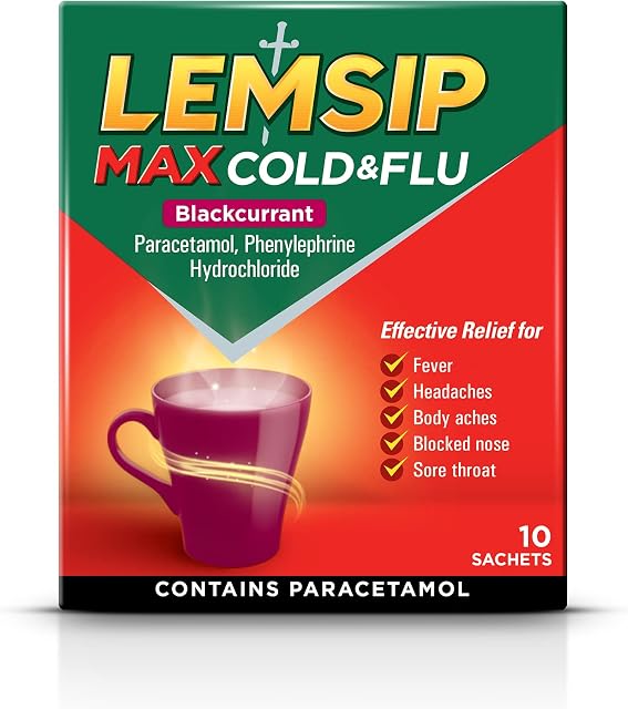 Lemsip Max Cold and Flu Blackcurrant Sachets, With Paracetamol, Pack Of 10 (Packaging May Vary)